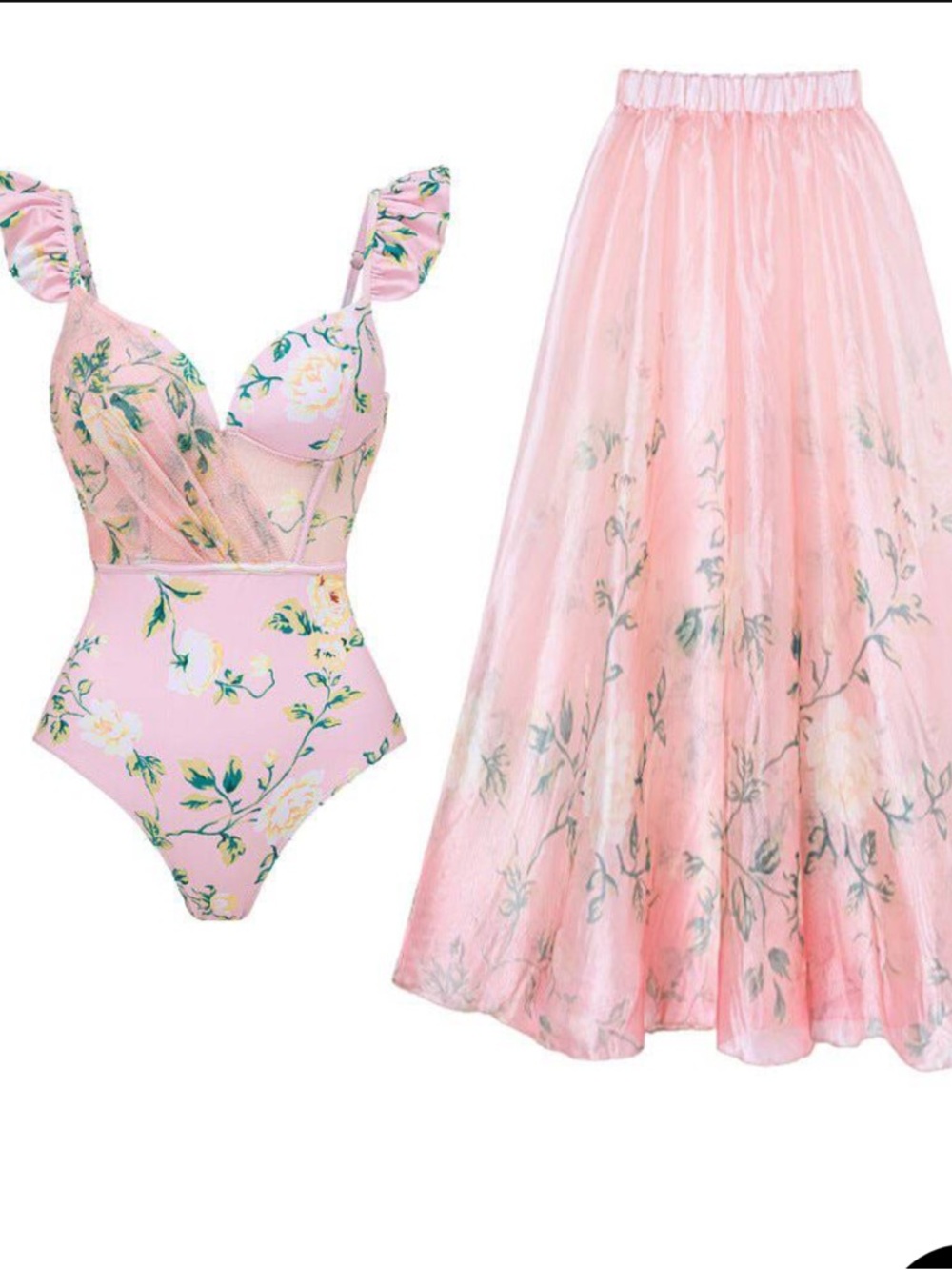 Pink Floral Mesh Swim Coverup Set with Sheer Maxi Skirt